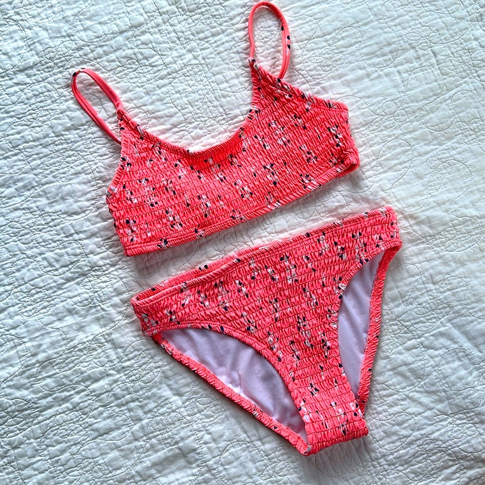 Girls Bikini. Bright coral, smocked texture. Size 12